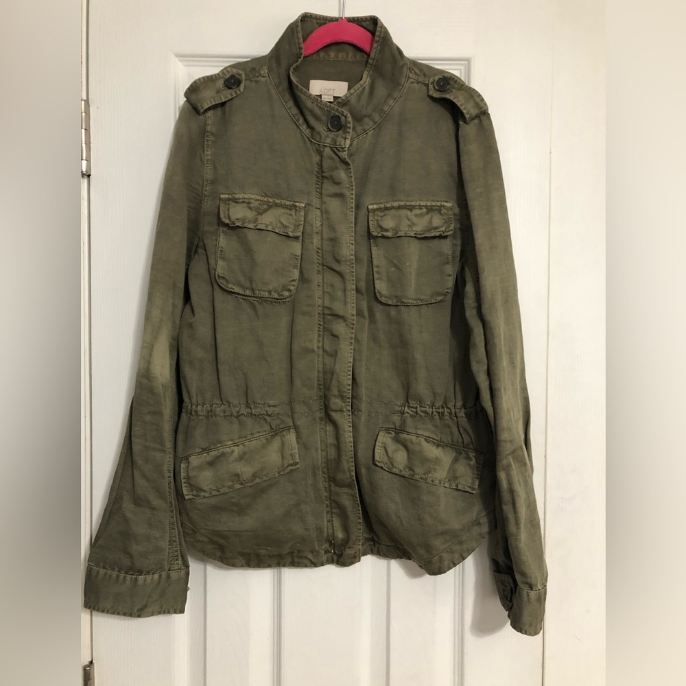 Loft green Utilityโ spring full zip jacket linen cotton womenโs medium petite